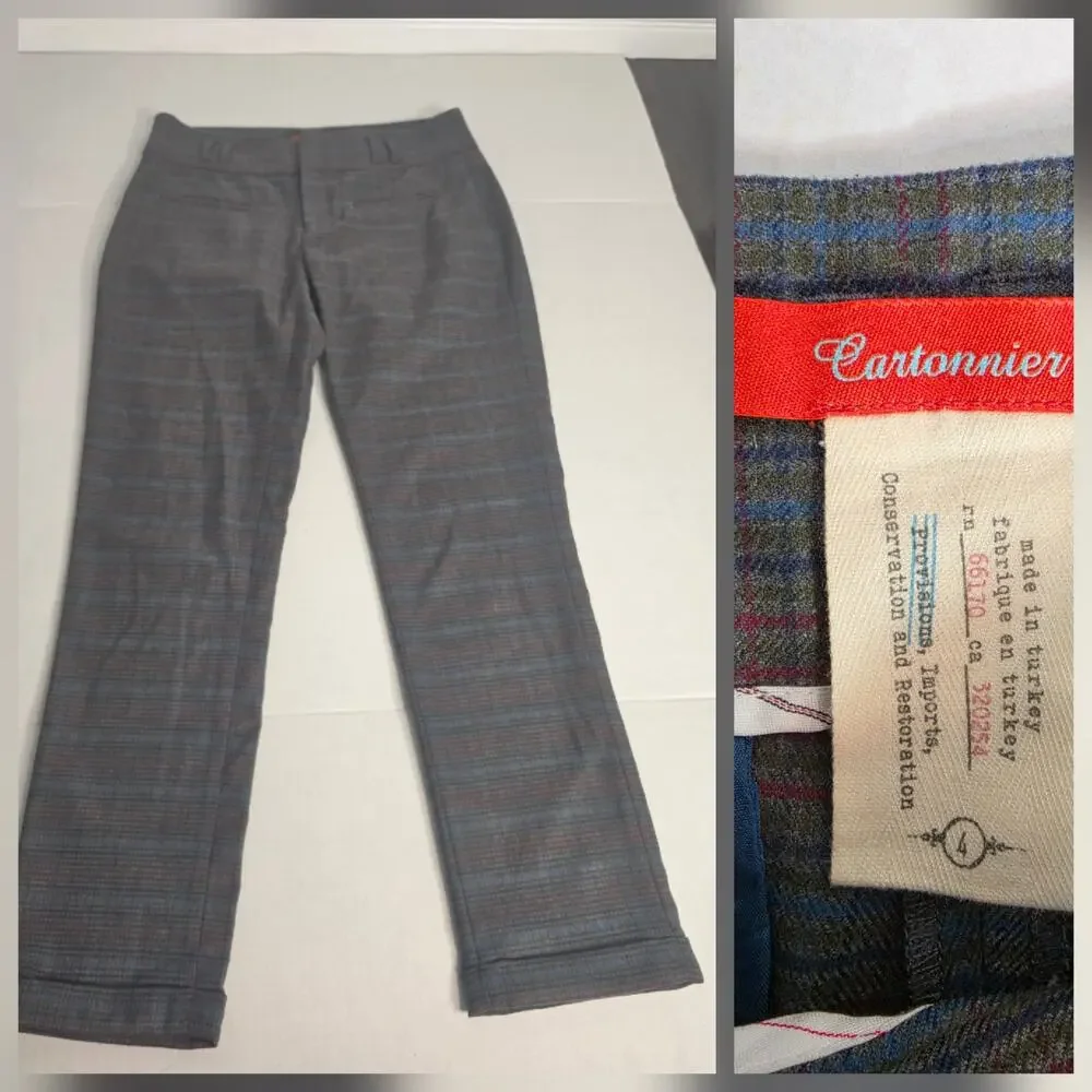 Cartonnier Anthropologie Pants 4 Slim Straight Plaid Gray Stretch Office Siren